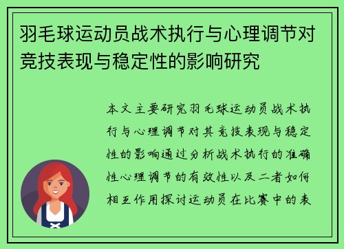 羽毛球运动员战术执行与心理调节对竞技表现与稳定性的影响研究