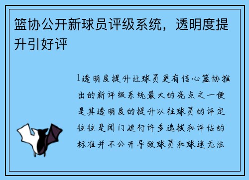 篮协公开新球员评级系统，透明度提升引好评