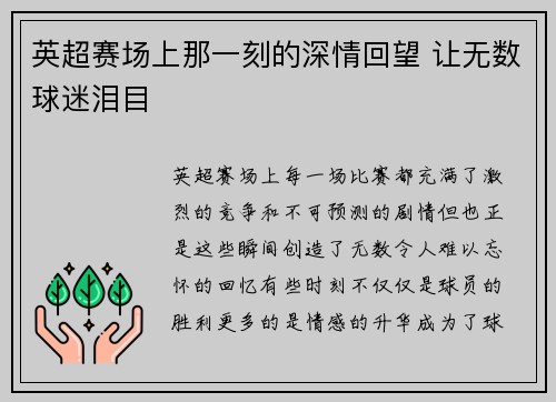 英超赛场上那一刻的深情回望 让无数球迷泪目 英超赛场上那一刻的深情回望 让无数球迷泪目
